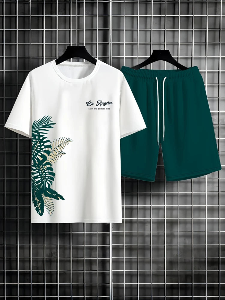Nuevo traje transpirable de manga corta para deportes al aire libre de verano para hombre, diseño de patrón de letras, conjunto de dos piezas de estilo callejero a la moda de ocio
