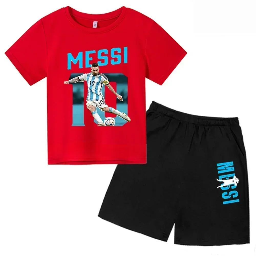Conjunto de verano para niños, camiseta de manga corta con estampado Messi + Pantalones cortos, conjunto de 2 uds., traje deportivo informal a la moda para niños y niñas, ropa para fanáticos