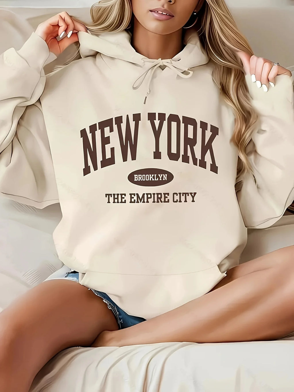 Sudadera con capucha de manga larga de terciopelo con estampado de letras de Nueva York informal holgada de otoño e invierno para mujer
