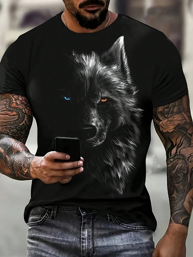 Camiseta con estampado de lobo en 3D para hombre, camisa informal de manga corta con cuello redondo, tela transpirable y cómoda, ropa de calle para exteriores para hombre