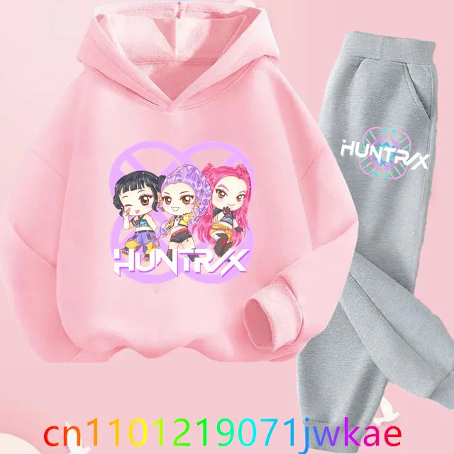 Conjuntos de sudaderas con capucha y pantalones de cazadores de demonios para adolescentes, Sudadera con capucha de película de Anime coreano para niños y niñas, trajes deportivos con capucha de manga larga a la moda