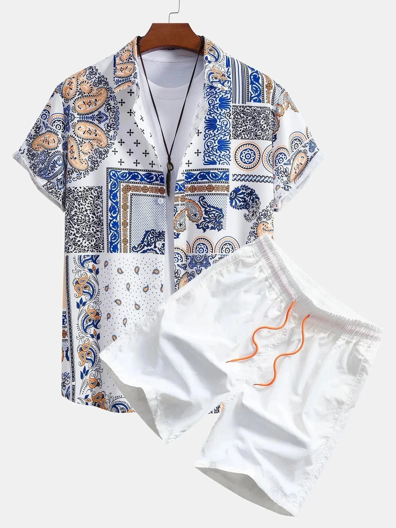 2024 conjuntos de hombre con estampado de retazos y solapa, camisa informal de manga corta, pantalones cortos de playa, ropa de calle de verano, trajes Hawaianos para S-5XL