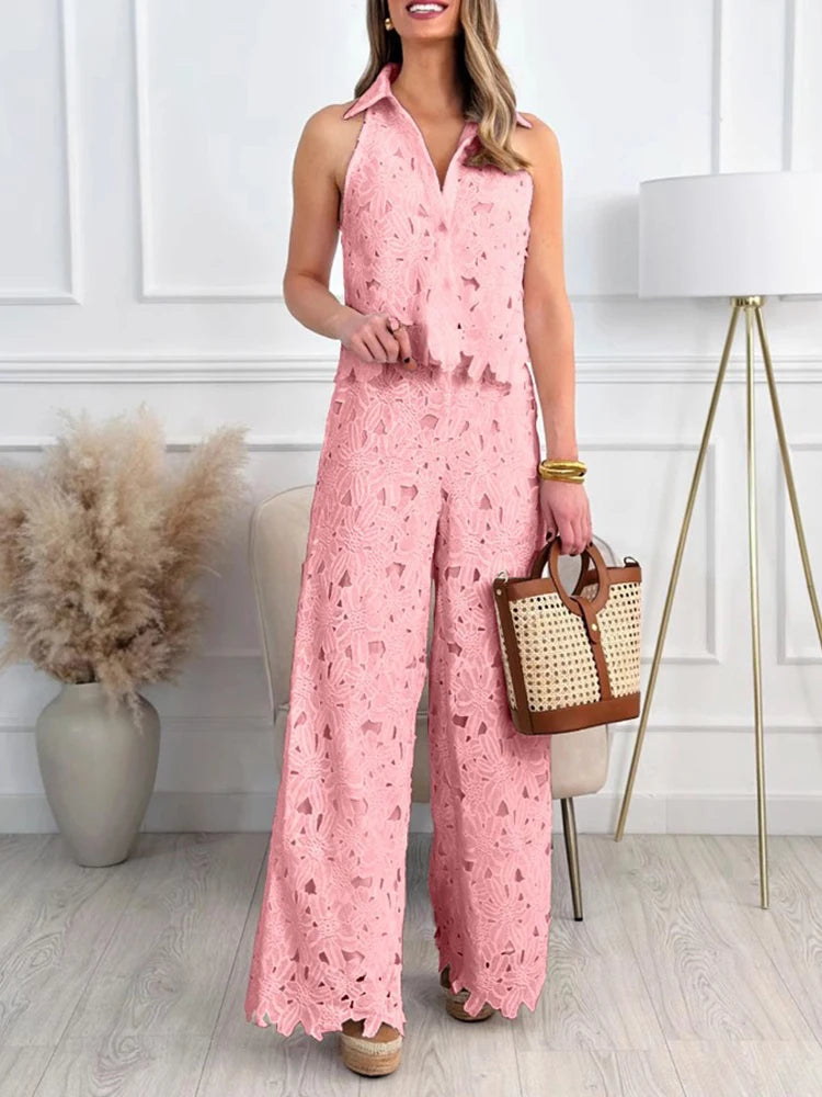 Conjunto de verano para mujer, camisa calada, pantalones, conjunto de tela de encaje, chaleco informal sin mangas, conjunto de pantalones de dos piezas, venta al por mayor, triangulación de envíos