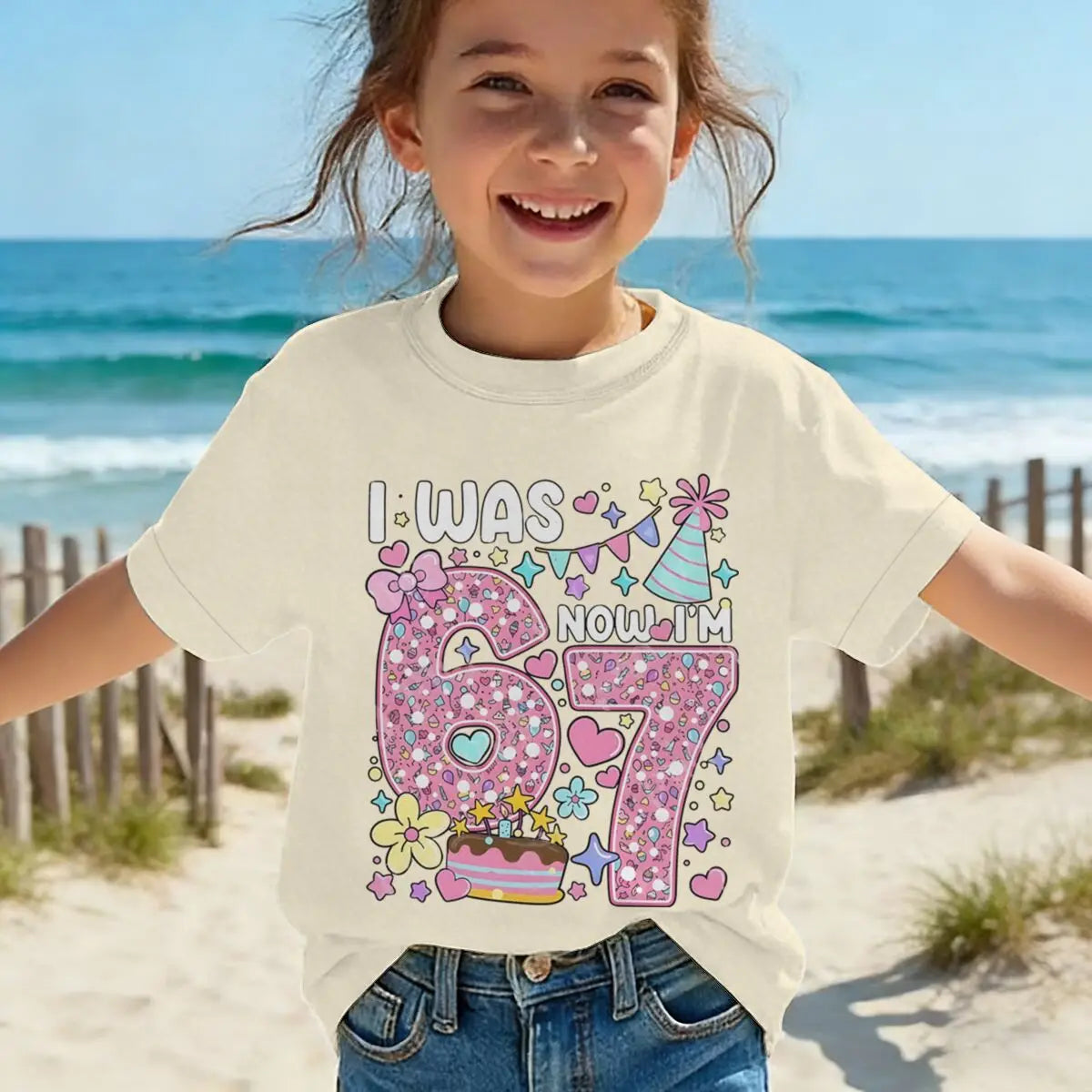 Camiseta para niñas con estampado de números, de algodón, de manga corta y cuello redondo, para el séptimo cumpleaños, con la frase 'I Was 6 Now I'm 7', para niñas de 7 años