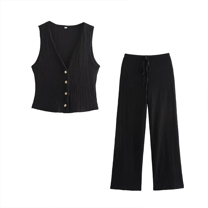 Willshela, conjunto de 2 piezas a la moda para mujer, camisetas sin mangas lisas con una botonadura y pantalones Vintage de cintura alta elástica, traje de pantalones elegantes para mujer