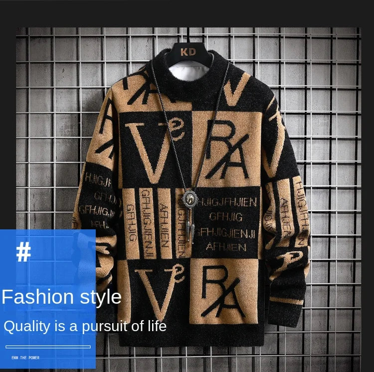 Suéter de punto para hombre, jerséis a rayas con estampado, suéter de cuello redondo, Otoño/Invierno, ropa informal de calidad de diseñador para hombre, jersey