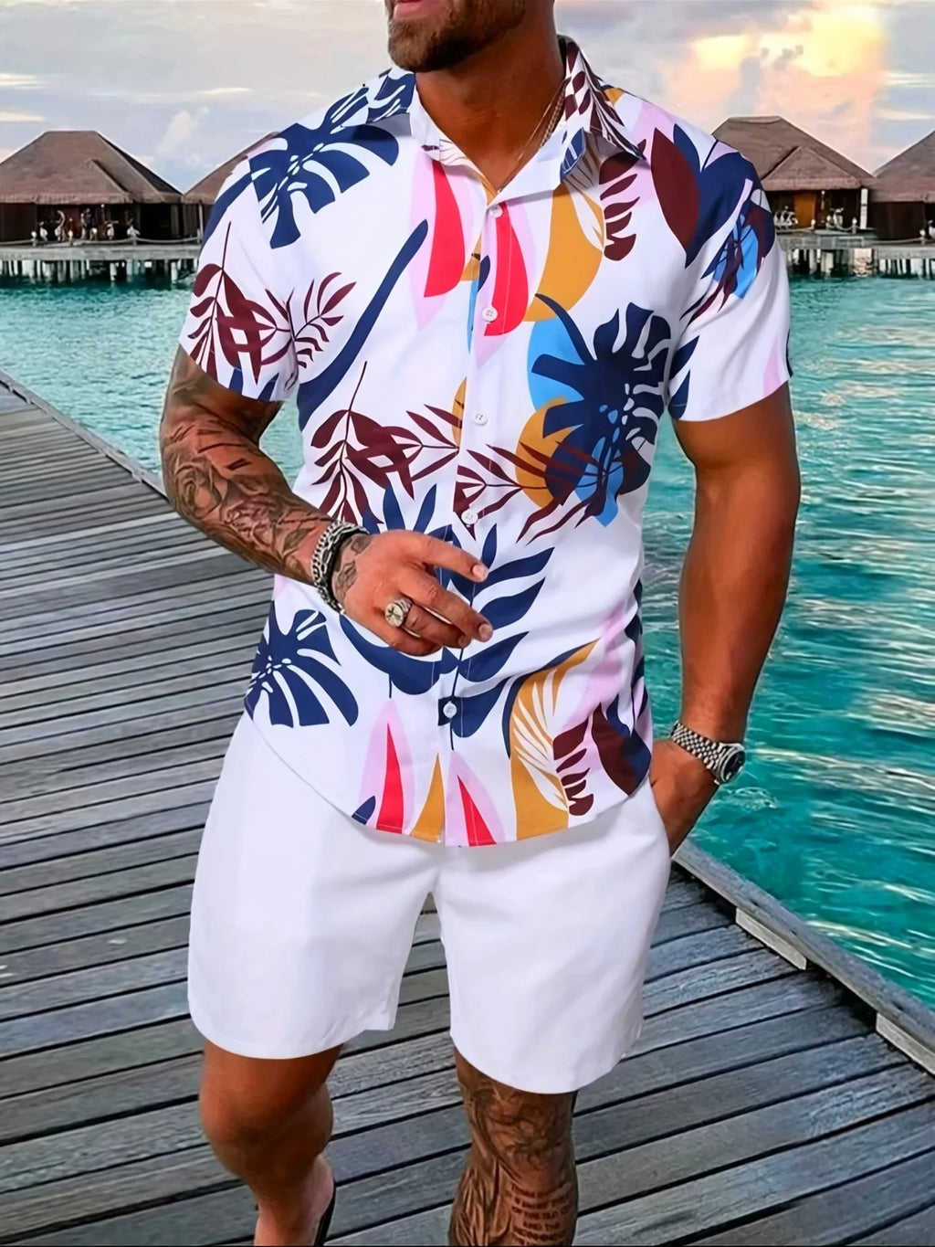 Conjunto Hawaiano 3D Hombre | Camisa Solapa + Pantalón Corto Playa