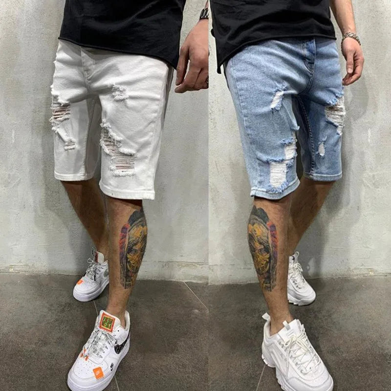 Pantalones cortos vaqueros con borlas rasgadas para hombre, pantalones vaqueros perforados lavables personalizados, pantalones medios informales grandes, novedad de verano 2024