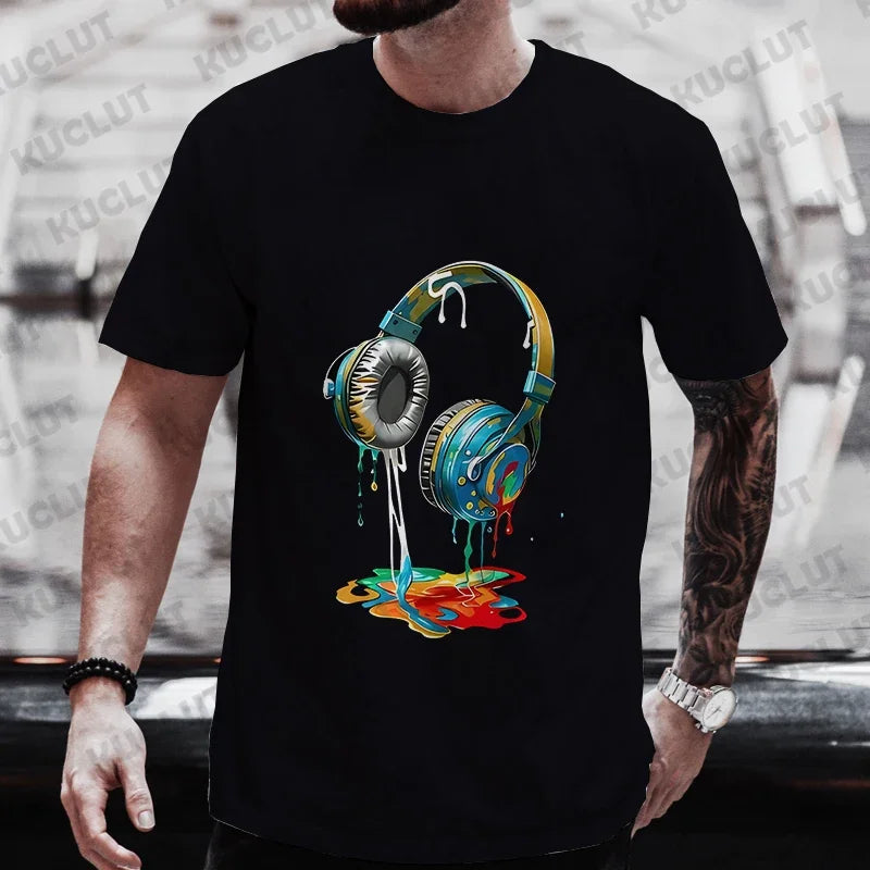 Camiseta de Verano para Hombre, Estilo Hip Hop, con Estampado Gráfico de Auriculares, Ropa Casual Urbana, Divertida, con Estampado Moderno