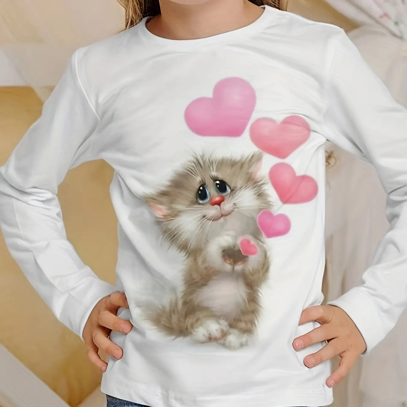 Camiseta de manga larga para niños y niñas, ropa informal con estampado de gato y cuello redondo de dibujos animados, Verano