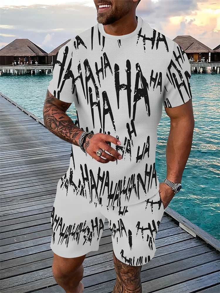 Traje deportivo informal para hombre con estampado divertido, camiseta de manga corta y pantalones cortos con cuello redondo, conjunto de dos piezas, conjunto de moda urbana para exteriores