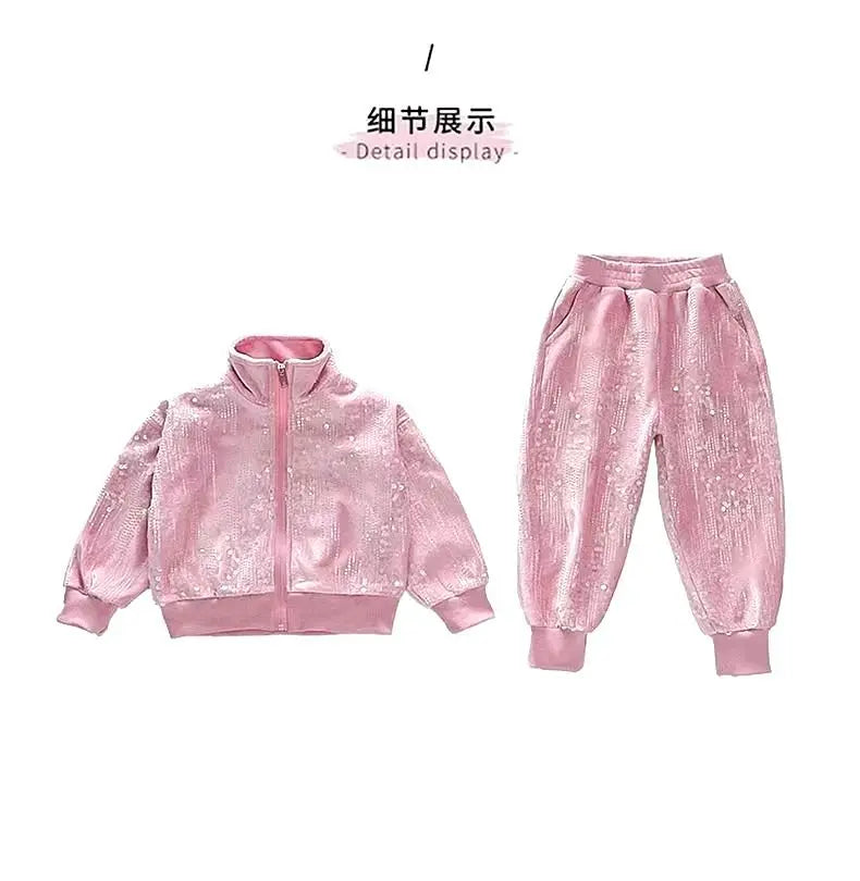 Cárdigan deportivo informal con lentejuelas para niña, conjunto de dos piezas, primavera y otoño, 2024