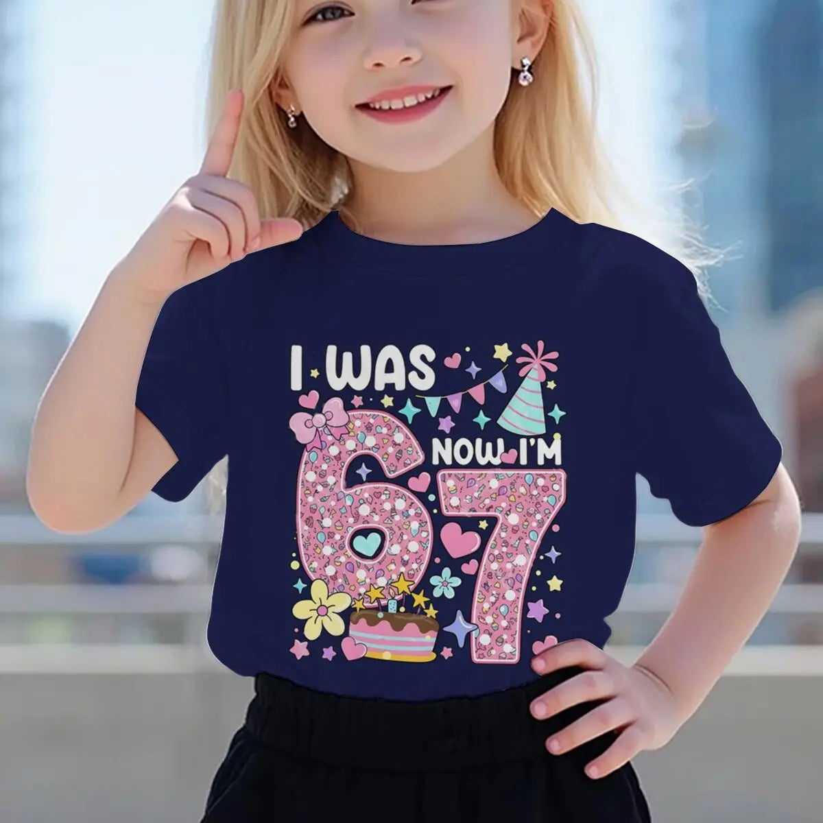 Camiseta para niñas con estampado de números, de algodón, de manga corta y cuello redondo, para el séptimo cumpleaños, con la frase 'I Was 6 Now I'm 7', para niñas de 7 años