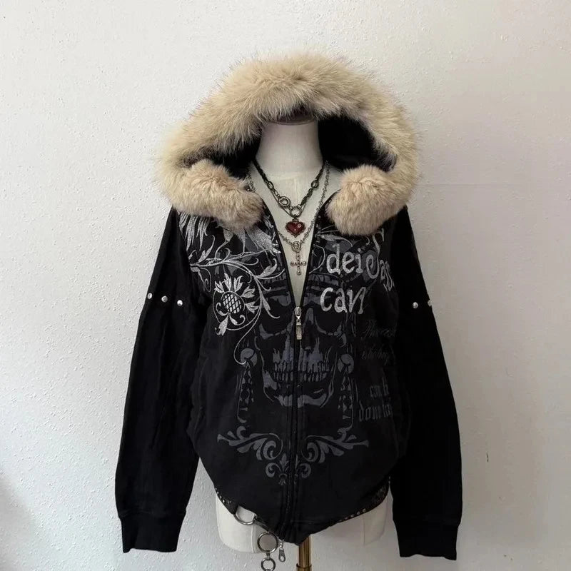 2025 nueva moda americana de gran tamaño con estampado de cuello de piel Sudadera con capucha para mujer Y2K Rock Dark Popular Casual Joker pareja sudadera Tops