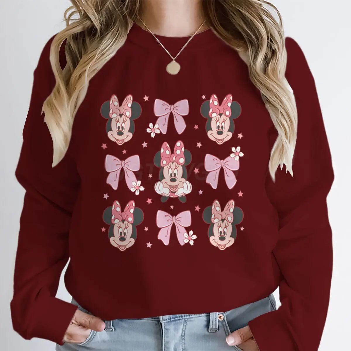 Sudaderas con capucha y lazo de Minnie rosa para mujer, ropa de dibujos animados Kawaii, jerséis de manga larga con cuello redondo de Minnie Mouse