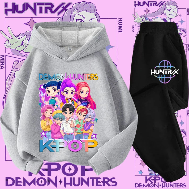Ropa deportiva para niñas de 2 a 12 años, conjunto de 2 piezas, Top informal bonito, K-pop Demon Hunter, conjunto de camisa con capucha estampada, traje de pantalón, chándal