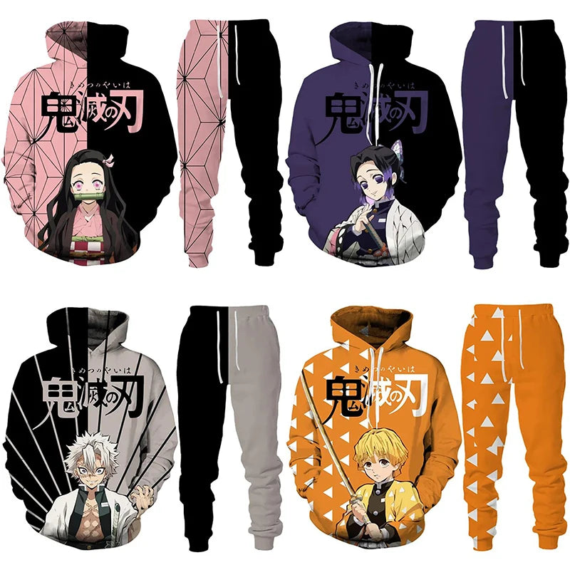 Sudaderas con capucha de Anime Demon Slayer, pantalones de Cosplay con estampado 3D + Sudadera con capucha, conjunto de 2 uds, chándal para hombre, ropa de calle Vintage de gran tamaño, conjuntos de pantalones con capucha