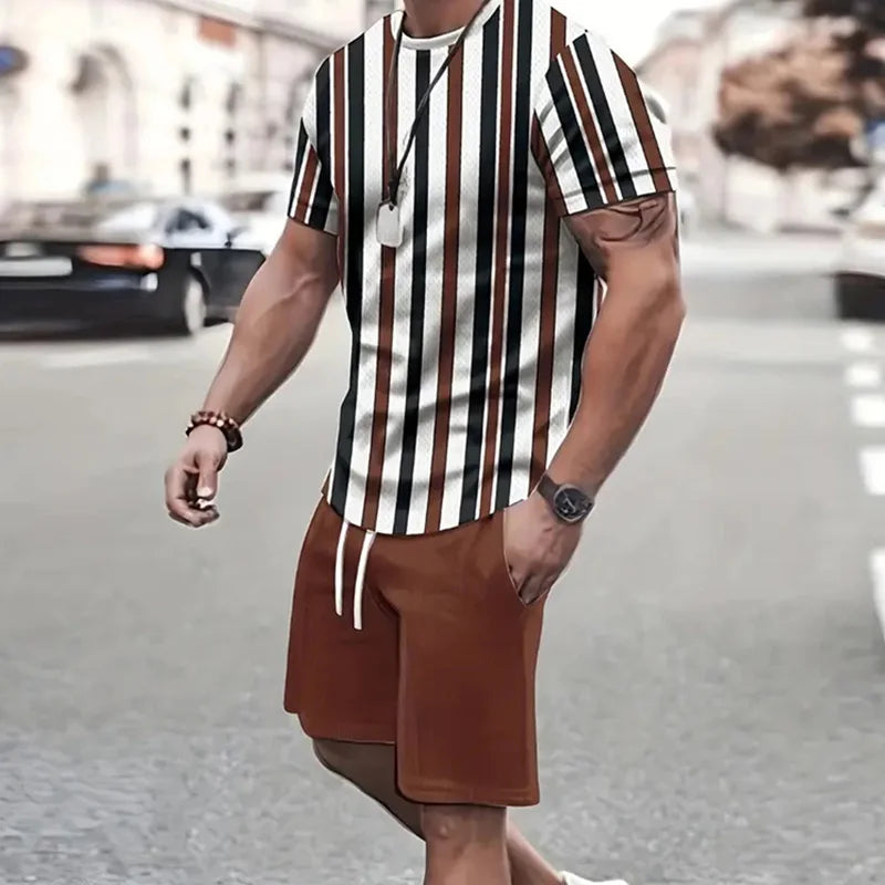 2024 de moda para hombre, ropa deportiva, camiseta de manga corta y pantalones cortos deportivos de verano, traje de retazos Vintage Casual, traje de dos piezas para hombre