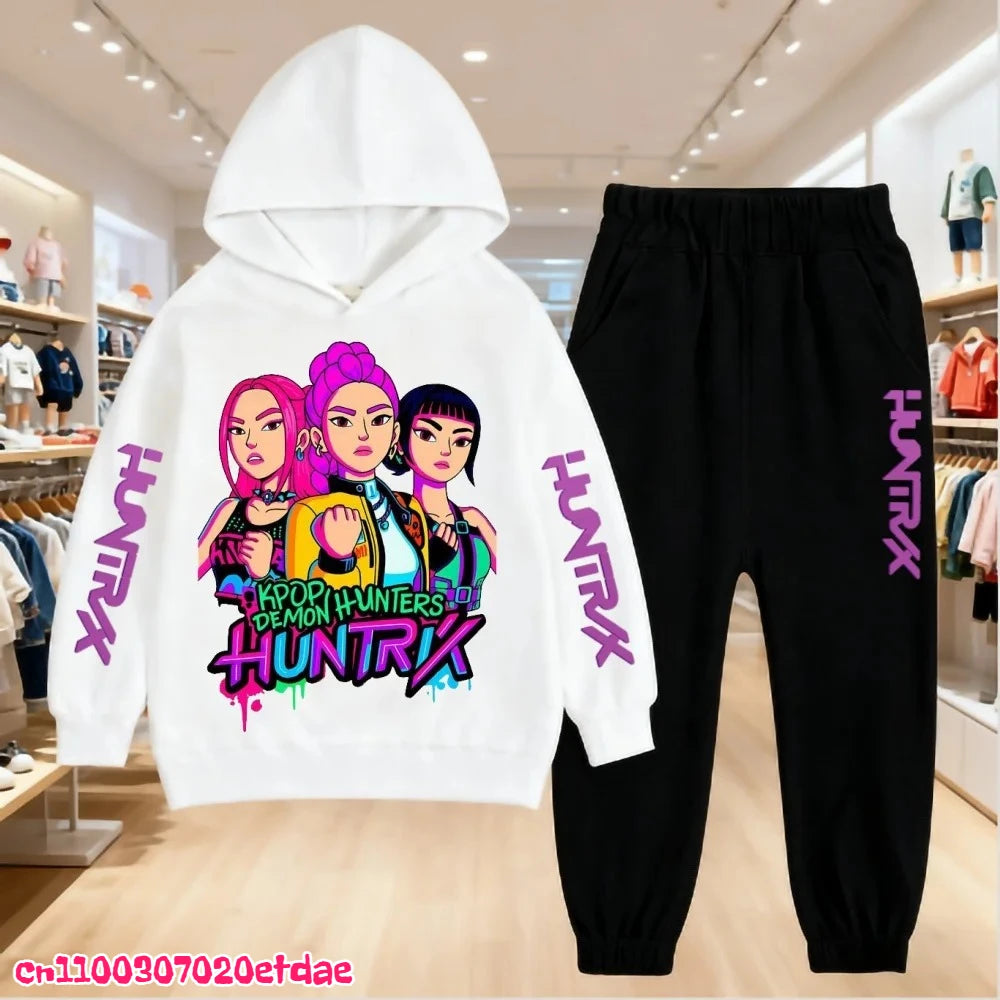 Otoño Invierno Sudadera con capucha para niños KPop Demon Hunters ropa de ocio prendas de vestir exteriores sudadera + Pantalones conjunto 3-12 años niños niñas regalo
