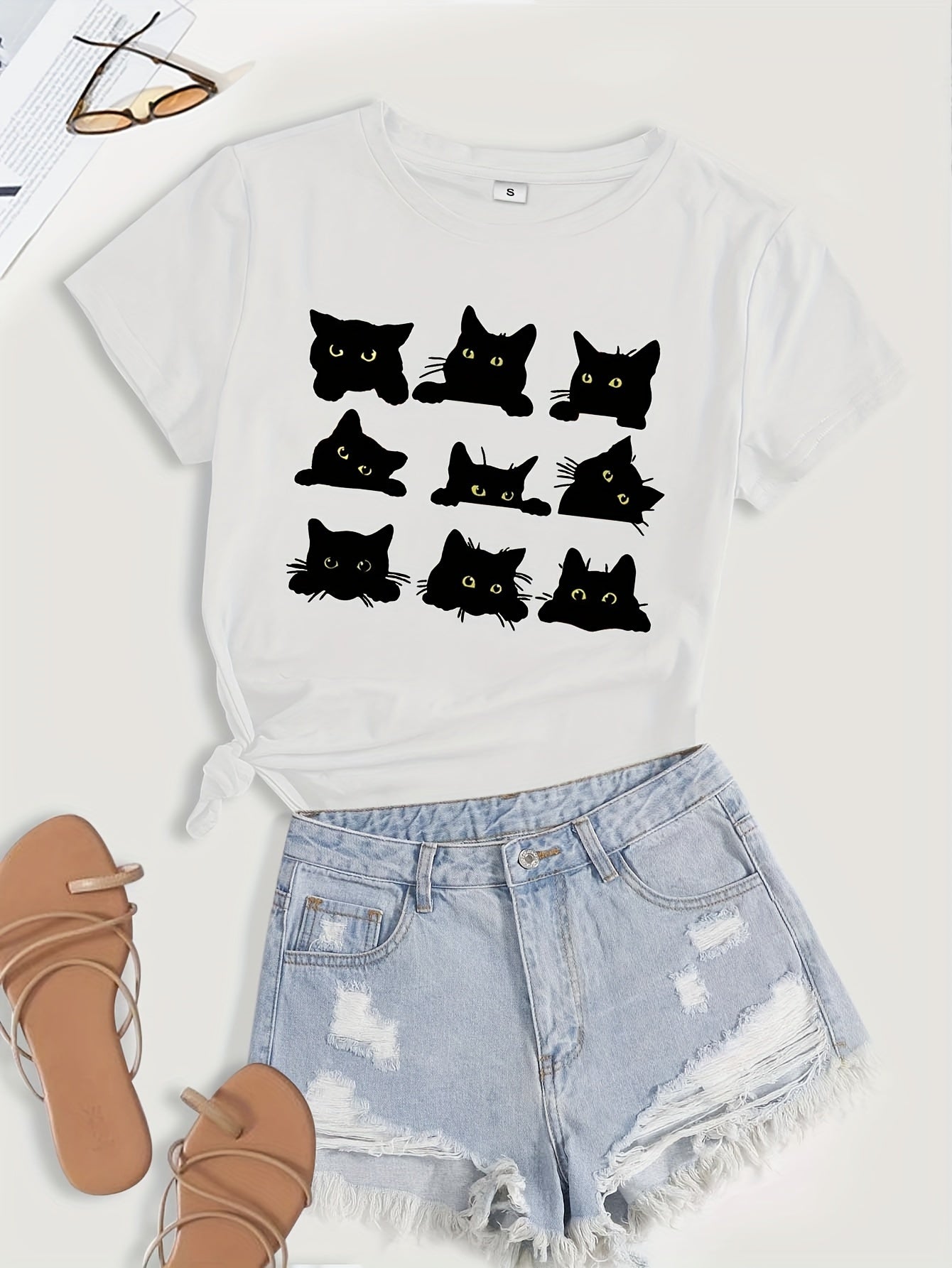 Cartoon Cats Print T-Shirt, Short Sleeve Crew Neck Casual Top For Summer & Spring, Women's Clothing