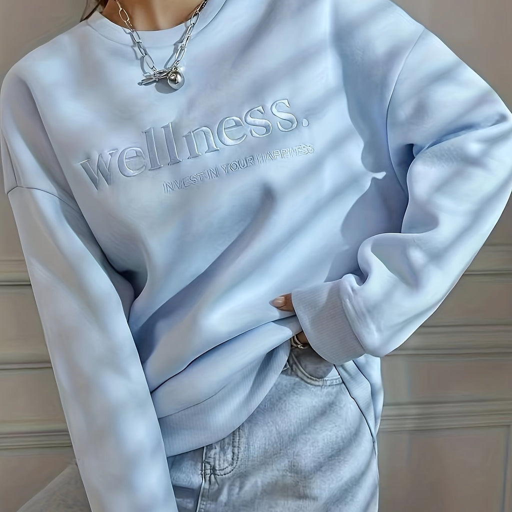 Pullover Letter Embroidery Sweatshirt, Casual Long Sleeve Crew Neck Sweatshirt For Fall & Winter, Women's Clothing