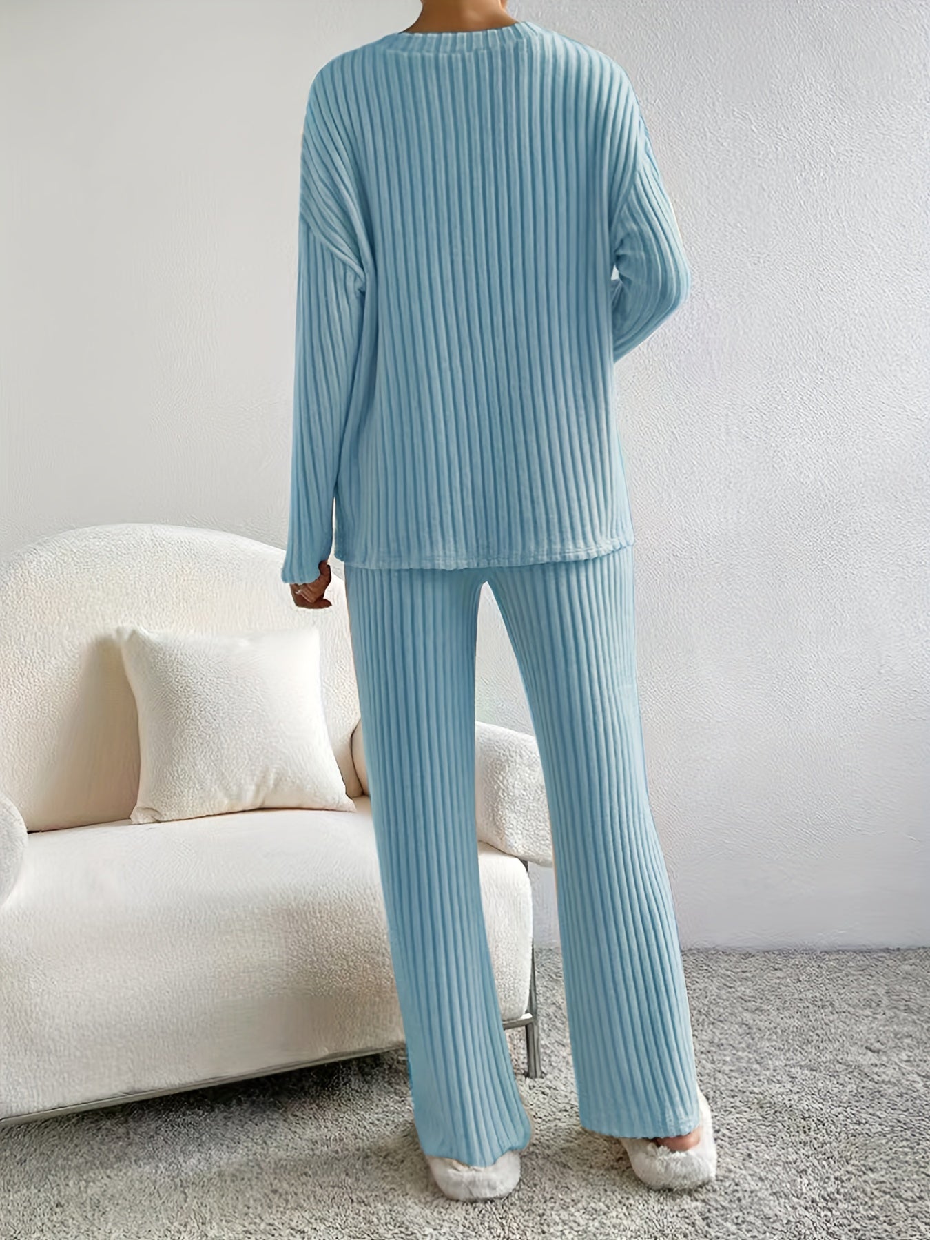 Solid Ribbed Matching Two-piece Set, Casual Long Sleeve V Neck Drop Shoulder Top & Slim Slant Pocket Elastic Waist Pants Outfits, Women's Clothing