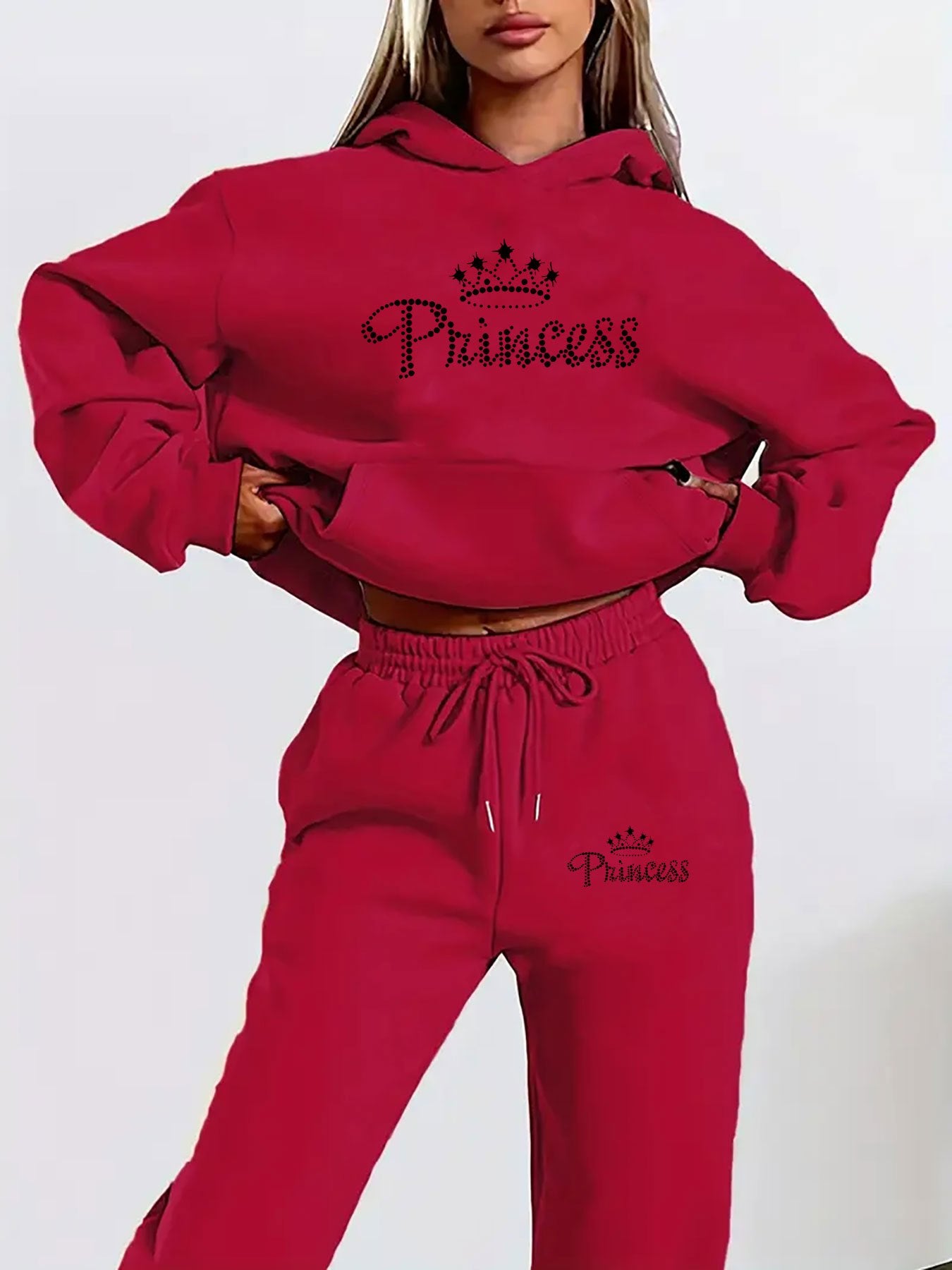 Women'S Casual Two-Piece Set - Letter Print Hoodie and Pants, Long Sleeve, Hooded Top with Front Pocket, Regular Fit Joggers, Polyester, Black, Pink, Red, Gray, Casual Wear | Zip-Up Hoodie, Hooded Women, Thank You For The Clo