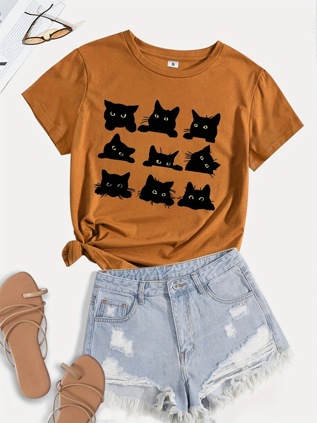 Cartoon Cats Print T-Shirt, Short Sleeve Crew Neck Casual Top For Summer & Spring, Women's Clothing