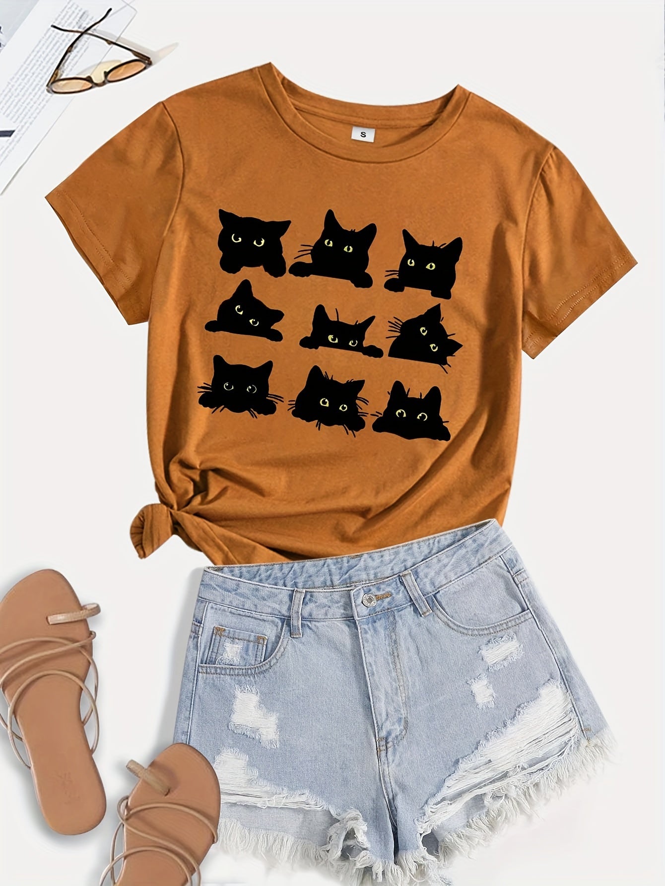 Cartoon Cats Print T-Shirt, Short Sleeve Crew Neck Casual Top For Summer & Spring, Women's Clothing