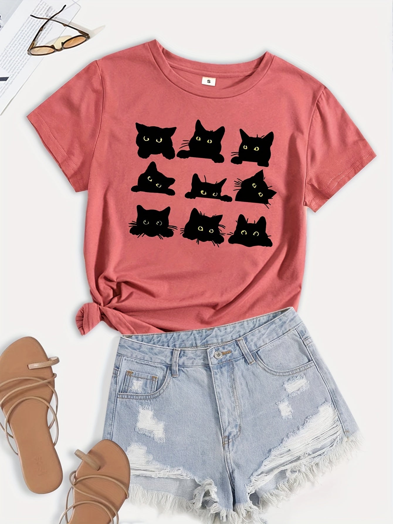 Cartoon Cats Print T-Shirt, Short Sleeve Crew Neck Casual Top For Summer & Spring, Women's Clothing