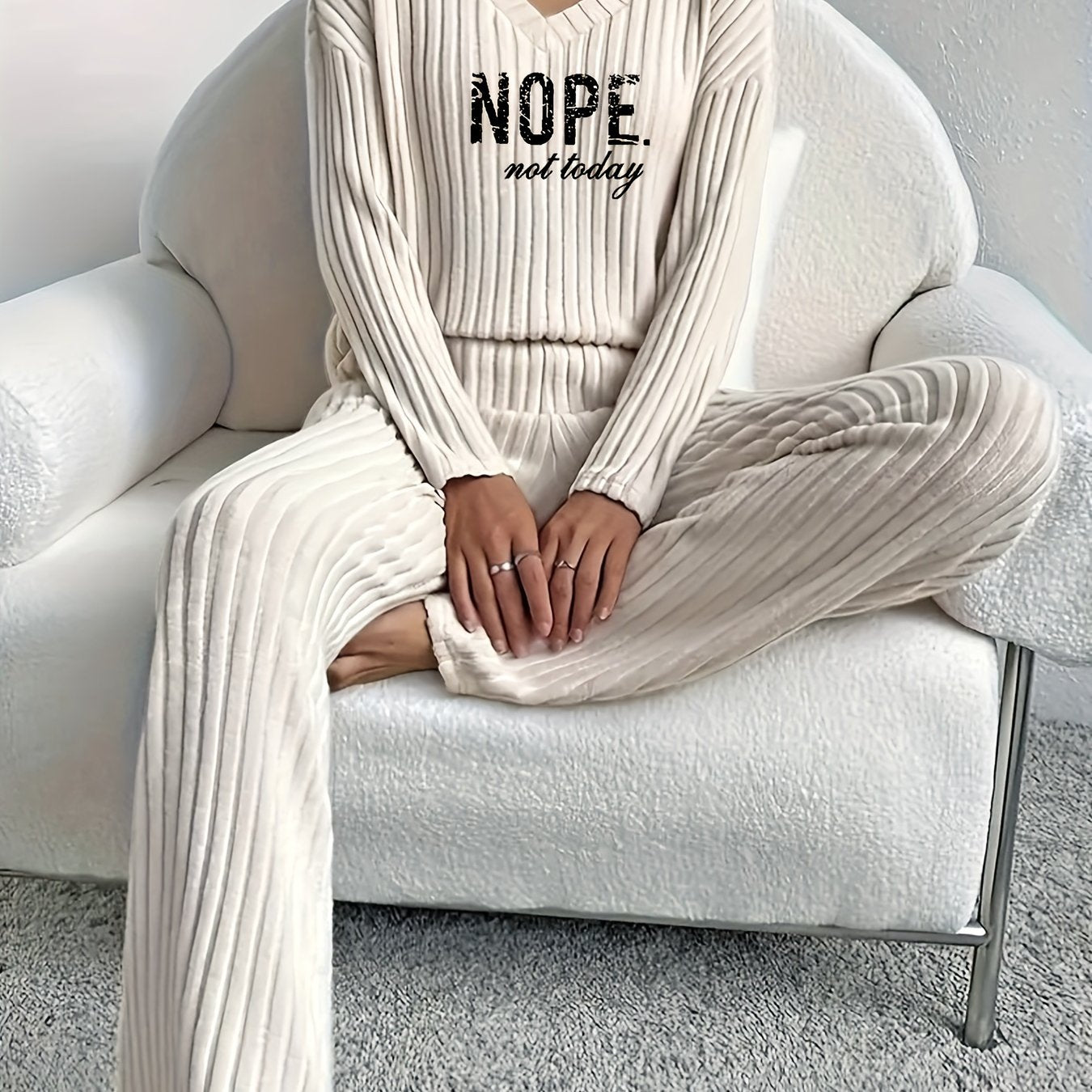 Solid Ribbed Matching Two-piece Set, Casual Long Sleeve V Neck Drop Shoulder Top & Slim Slant Pocket Elastic Waist Pants Outfits, Women's Clothing