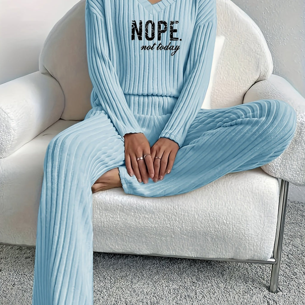 Solid Ribbed Matching Two-piece Set, Casual Long Sleeve V Neck Drop Shoulder Top & Slim Slant Pocket Elastic Waist Pants Outfits, Women's Clothing